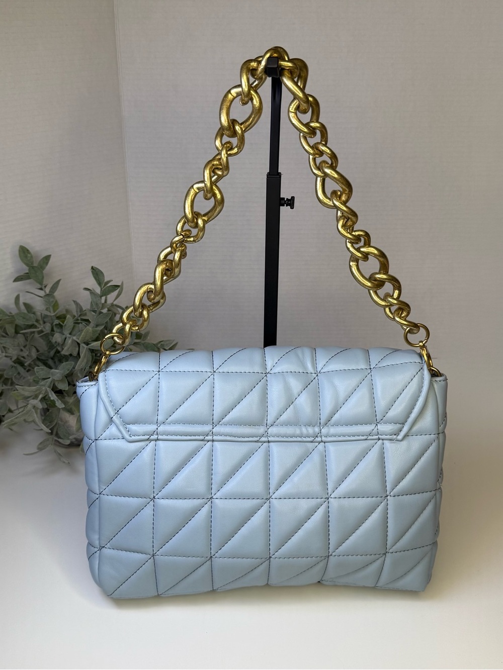 Zara Baby Blue & Gold Quilted Shoulder Bag Gold Chain Accent Strap - Picture 8 of 16